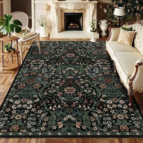Floral Area Rug 5x7 Botanical Washable Carpet for Living Room