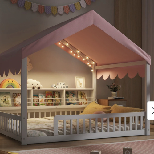 GDFStudio - Solid Wood Full Size House Floor Bed with Storage Shelves and LED