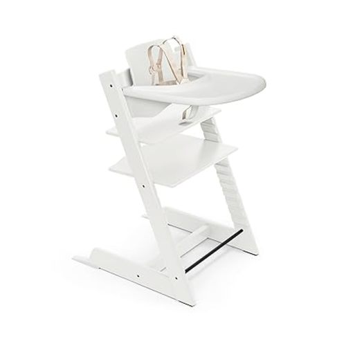 Tripp Trapp® High Chair² White, White Tray Signature Edition Includes Chair + Tray+ Baby Set with Removable Harness for Children 6-36 Months - Adjustable, Ergonomic & Easy to Clean