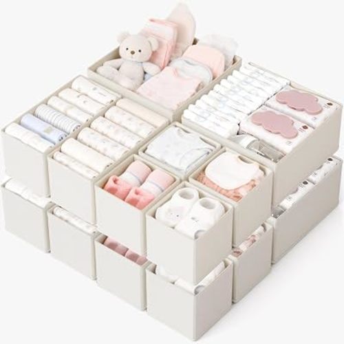 Drawer Organizer, 16 Pack Baby Dresser Organizer for Nursery, Foldable Closet Organizers and Storage Dresser Dividers for Clothes, Socks, Scarves, Ties (Ivory White)