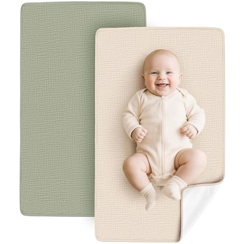 Konssy 2 Pack Waterproof Portable Changing Pad 30"x 17", Soft & Foldable Baby Changing Mat Travel Pad (Fog Green,Cream)