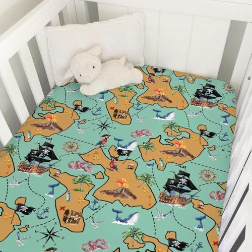 Pirate Ship Baby Crib Sheets 52''x28'' Sea Ocean Treasure Anchor Compass Stretchy Fitted Crib Mattress Cover for Boy Girl Soft Nautical Baby Nursery Bed Sheets for Standard Crib Toddler Mattress