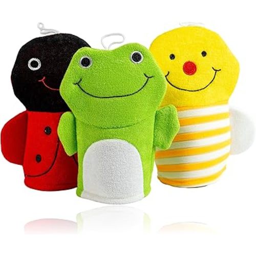 Made Easy Kit Hand Puppet Bath Wash Mitt Towel with Animal Designs with Loofahs for Fun Interactive Bathing Time (Red Green Yellow (No Loofah))