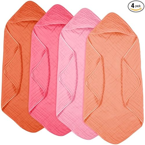 Peryiter 4 Pcs Muslin Hooded Baby Towels 32 x 32 Inch Cotton Newborn Bath Essentials Muslin Infant Blankets Absorbent Registry Gifts for Girl Boy Kids Baby Shower (Rainbow Colors)