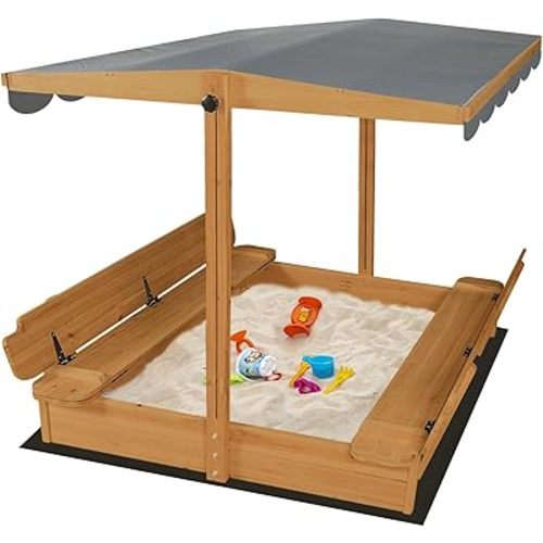 Wooden Sandbox for Outdoor Backyard, 48x48in Large Sand Box with Canopy for Aged 3-12 Years Old, Kid Sand Pit with 2 Foldable Bench Retractable Roof Bottom Liner (Brown)