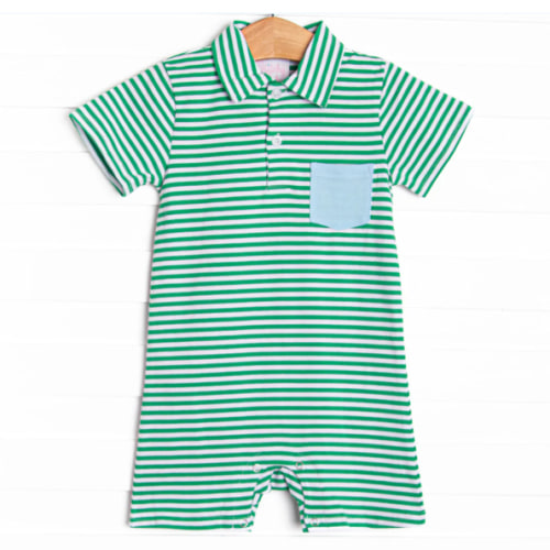 Wesley Short Romper, Blue and Green Stripe – Stitchy Fish