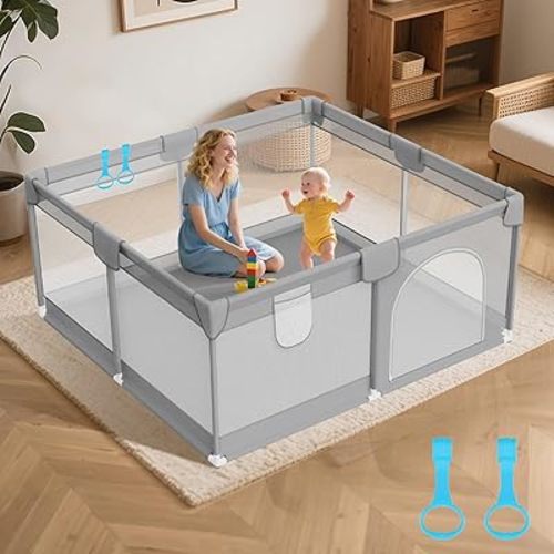 Baby Playpen 50"x50" - Playpen for Babies and Toddlers with 2 Handles - Baby Fence Play Area Safety Center for Indoor & Outdoor, Grey
