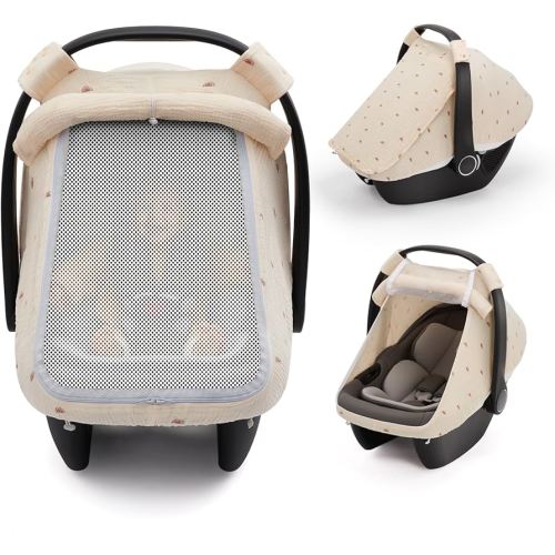 Blissful Diary Baby Car Seat Cover, Extra Large Mesh Window, Breathable Muslin Cotton, Infant Windproof Canopy, Must-Have Baby Gift - Sunshine