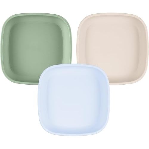 Re-Play Toddler Plates - 22 Oz. Deep-Walled Flat Kids Plates - Dishwasher & Microwave Safe - Made in USA - Set of 3-7.37" x 7.37" x 1.25" - Beach Baby