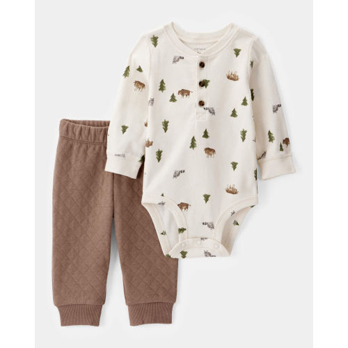 Baby Boy 2-Piece Woodland Print Long-Sleeve Bodysuit & Quilted Pant Set - Ivory/Brown - Carter's | Carter's