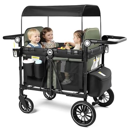 Kinder King Wagon Stroller for 4 Kids, All-Terrain Foldable Outdoor Stroller Wagon 4 Seater, Removable Canopy, Adjustable Handle, Shock-Absorbing Wheel, Detachable Tray, Large Storage, Black&Grey