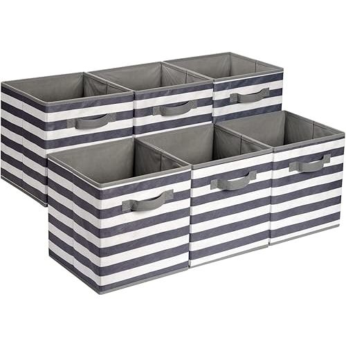 Amazon Basics Cube Organizer Storage Bins Handles, Collapsible Fabric, Pack of 6, 10.5"x10.5"x11", White/ Light Grey Stripe