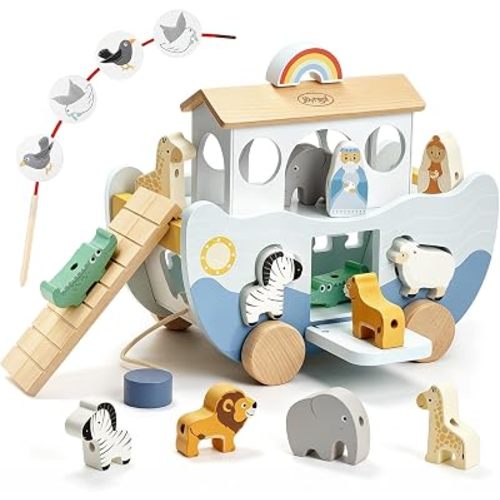 Joyreal Wooden Noah's Ark Toy for 1 Year Old Baby Boy and Girl Baptism Gift