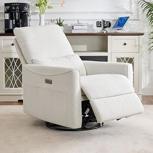 Power Swivel Rocker Recliner,Fabric Glider Recliner Nursery Chair,Small Rocking Chair Nursery,Single Reclining Sofa with Lumbar Support,USB&Type-C Ports,Living Room Home Threater Seat, Ivory