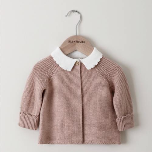Organic Cotton Scallop Collar Baby Cardigan - Rose