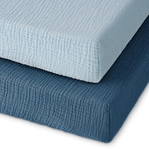 Unnivoll Muslin Pack and Play Sheets Fitted, 100% Cotton Mini Crib Sheets 2 Pack for Pack N Play Mattress, Stretchy Playard Sheet, Soft and Breathable Gradient Blue