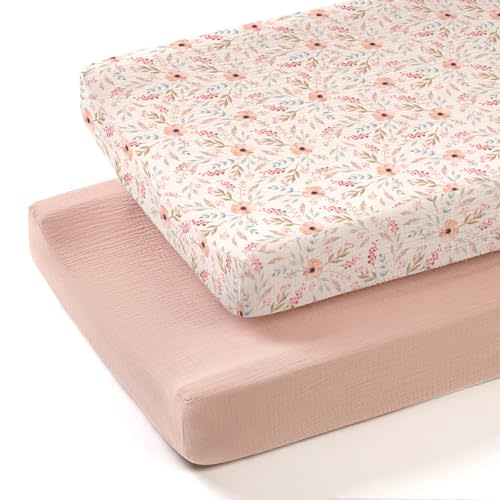 lulumoon Muslin Changing Pad Cover: 32x16 Fit Standard Rectangle Pad | Soft & Breathable Cotton Changing Table Covers – Boho Floral Print Diaper Sheet for Nursery & Registry Gift