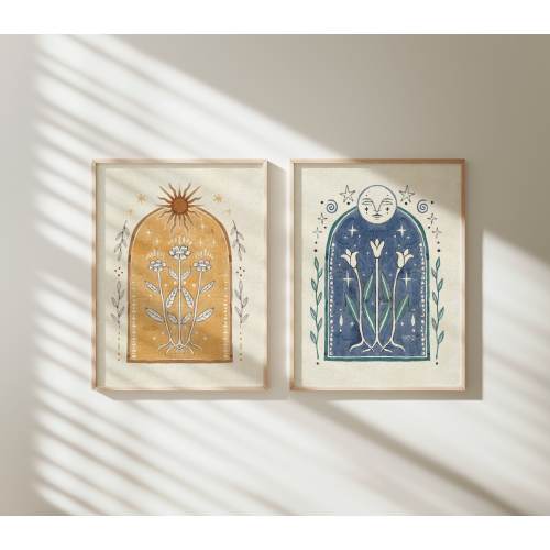 Moon and Sun Poster Sun Fine Art Print Moon Decor Boho Home Gallery Wall Earthy Wall Hanging Floral Artwork Yellow Hippy Decor Handmade Art