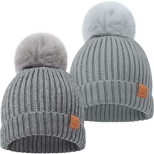 2-Pack Baby Hats - Stretchy Baby Beanies, Cute Newborn & Toddler Winter Hat, Soft & Warm Pom Pom Beanie for Infant, Toddler, Boys, Girls 0-6 Months (Steel, S)