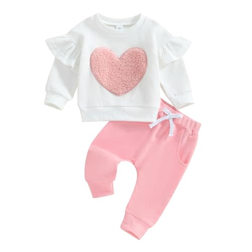 Kavousa Toddler Baby Girl Clothes Heart Ruffles Long Sleeve Sweatshirt Sweatpants Set Infant Fall Winter Outfits