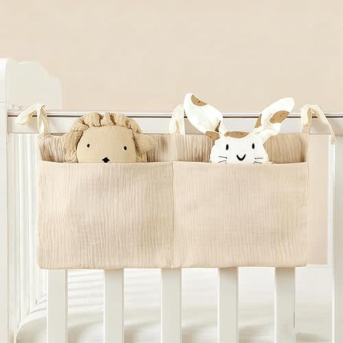 Baby Bedside Hanging Storage Bag Muslin Cotton Teddy Bear, Crib Diaper Caddy Organizer 2 Pockets, Nappy-Dormitory Nursery Organization Holder for Cribs, Playard or Wall Milk Bottle Bib Organizing