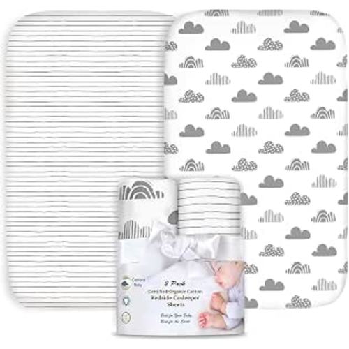 100% Organic Cotton 2 Pk Bedside Sleeper Bassinet Fitted Mattress Sheets Perfectly Compatible with Mika Micky, Baby Delight, Ronbei, Chicco, Cloud Baby, AMKE, Angelbliss, Arm's Reach. Cloud, Stripe