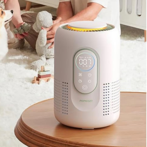 Momcozy Nursery Air Purifier, 4-Filter System with H13 HEPA & Carbon, Real-Time PM2.5 Air Quality Monitor & Display with 3-Color Status, Baby Air Purifier with 21 dB Sleep Mode, Dimmable Night Light