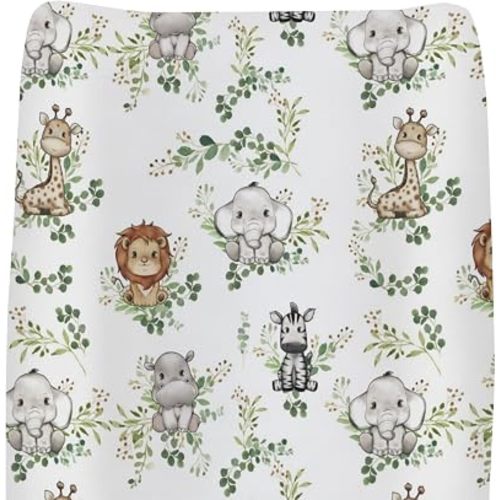 Cute Jungle Safari Animals Green Leaves Changing Pad Covers for Baby Girl Boy Elephant Hippo Zebra Giraffe Fitted Change Table Mats African Animals Soft Diaper Change Table Cover Sheets 32''×16''