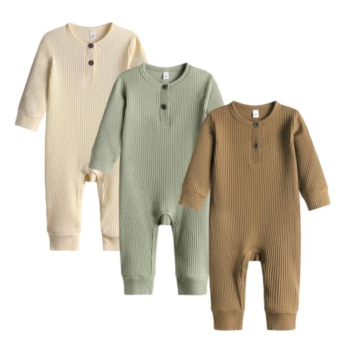 Bafeicao Baby Boy Girl 3 Pack Solid Romper Ribbed Long Sleeve | Bodysuit Jumpsuit Infant Knitted Outfits Clothes