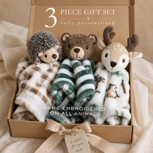 Baby Shower Gift Boy Personalized Lovey Set Little Explorer Nursery Bear Deer Hedgehog Security Blanket Woodland Decor Little Boy Gift