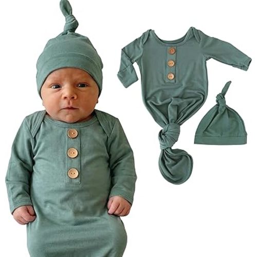 Caden Lane Newborn Knotted Gown with Hat, Soft Bamboo Viscose Baby Sack, Unisex Infant Breathable Night gown Emerald