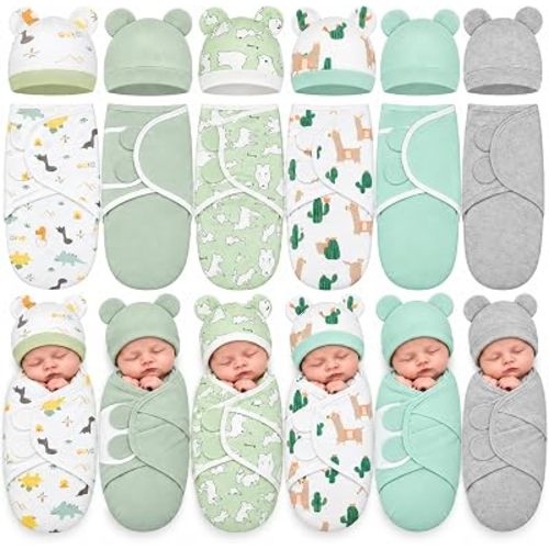 Ramede 6 Pack Baby Swaddle Blankets with Hats,Alpaca,Green