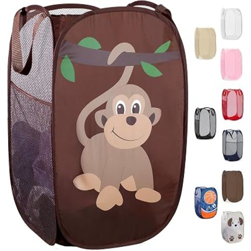 Handy Laundry Collapsible Mesh Pop Up Laundry Hamper with Side Pocket – Breathable, Space-Saving, Foldable Basket for Clothes, Toys, Travel & Storage, 14 x 13 x 24 in, Monkey