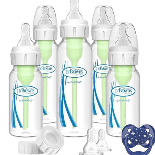 Dr. Brown's Natural Flow Anti-Colic Options+ Narrow Baby Bottle Gift Set with Advantage Pacifier, and Bottle Travel Caps