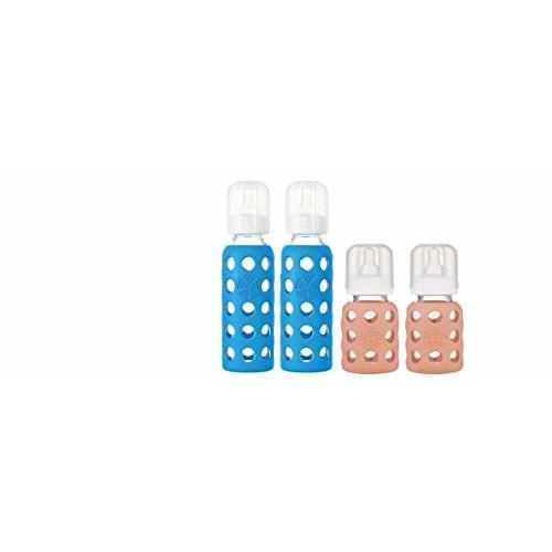 Lifefactory BPA-Free Glass Baby Bottles w/Silicone Sleeve - 4 Pack (Cobalt Blue (9oz) & Cantaloupe (4oz))