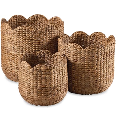 Best Choice Products 3pc Water Hyacinth Scalloped Multipurpose Nesting Baskets, Storage Bin Organization Totes for Living Room, Bedroom, Nursery, Laundry Room -Chestnut