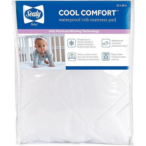 Sealy Baby Crib Mattress Protector - Infant and Toddler Pad, Waterproof, Cooling, Breathable, Machine Washable and Easy to Clean, 52x28