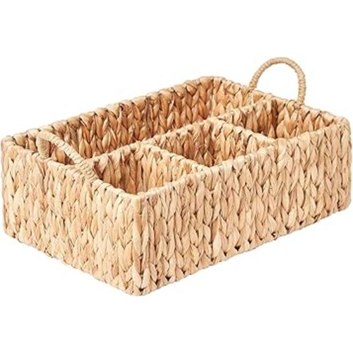 Wicker Basket Divided Storage with Handles - Natural Water Hyacinth Organizer for Diaper Essentials, Kitchen Utensils, Bathroom & Nursery Organization, 4 Compartments