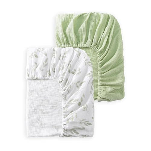 TADO MUSLIN Baby Crib Sheets 2 PCS, 100% Organic Cotton Crib Sheet for Standard Crib Mattress(52x 28), Fitted and Soft Breathable Muslin Crib Mattress Sheet for Girl and Boy (Leaves, Green)