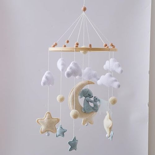 Baby Crib Mobile with Felt Bunny on Moon, Stars and Clouds, Wooden Nursery Mobile for Baby, Soothing Hanging Toy for Infant Crib, Perfect for Nursery and Bedroom Decor