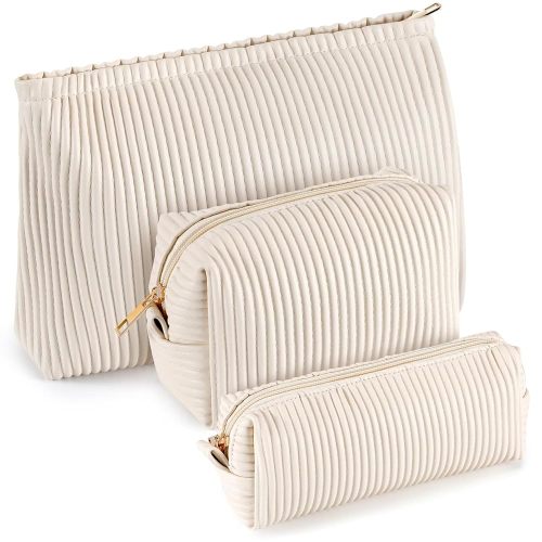 Talltalk 3 Pcs Cosmetic Makeup Bag for Women Portable Travel Toiletry Cosmetic Pouch Cute Bag Accessories Brushes Storage Organizer for Daily Use, 3 Sizes(Pu Leather,Elegant)