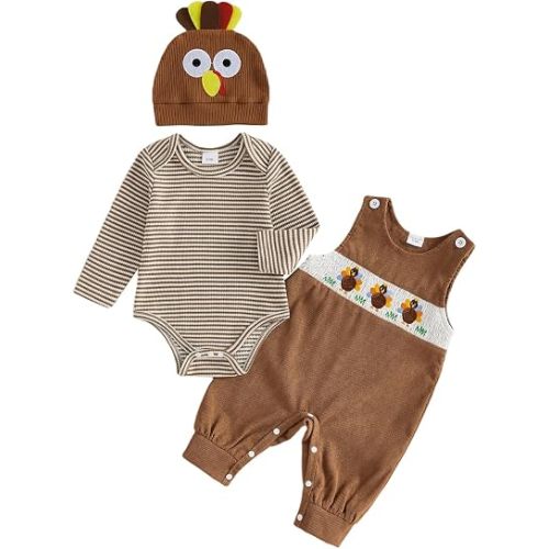 Baby Boy Thanksgiving Outfit Newborn Stripe Romper+Turkey Overall Pants+Hat