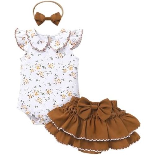 Tiny Cutey Baby Girl Clothes Infant Summer Outfits Set Ruffle Sleeve Romper and Floral Shorts with Headband