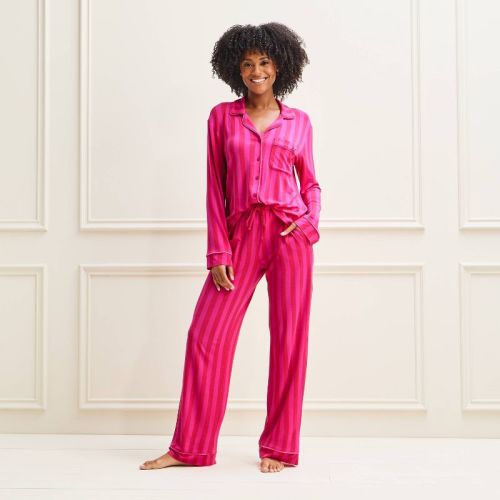 Women's Cloud Knit Modal Long Sleeve Notch Collar Top and Pants Pajama Set with Velour Piping - Auden™ Pink/Red Striped M