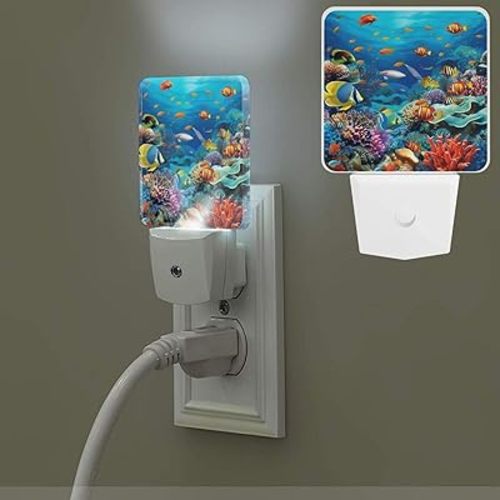 Ocean Tropical Fish Coral Undersea World Night Light, Plug-in Wall Led Night Lamp with Dusk-to-Dawn Smart Sensor Lamp for Boys Girls Bedroom Living Room Hallway Kitchen 0.5w