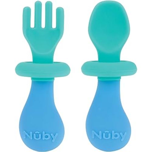 Nuby First Fork and Spoon Set - Utensils with Safety Guards for Babies 6+ Months - Green and Blue