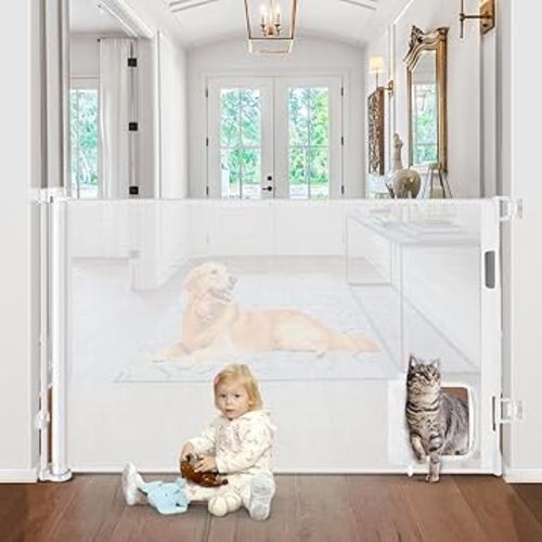 Retractable Baby Gates with Cat Door 80" Wide Retractable Dog Gate with Pet Door Outdoor Retractable Gate for Dogs Retractable Pet Gate with Door Mesh Baby Gate Retractable Mesh Dog Gate (White)