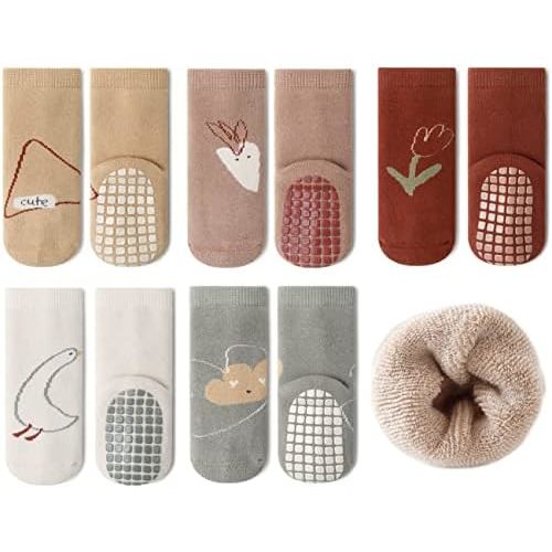 Exegawe Baby Non Slip Socks Winter 5 Pairs Kid Thick Warm Crew Socks with Grips