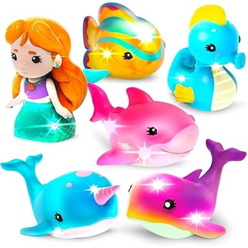 Tub Works® Mermaid Lagoon™ Light Up Bath Toys, 6 Pack | Water-Activated Light Up Toys Flash & Change Color | Easy-Grip Baby Girl & Toddler Bath Toys | Sensory Mermaid Toy Bathtub Toys with Bath Lights