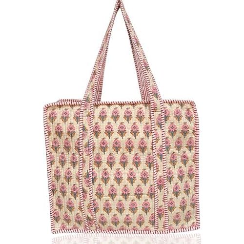 100% Cotton Quilted Tote Bag For Women 18x16– Large Zipper Reusable Beach Bag & Travel Bag Purse